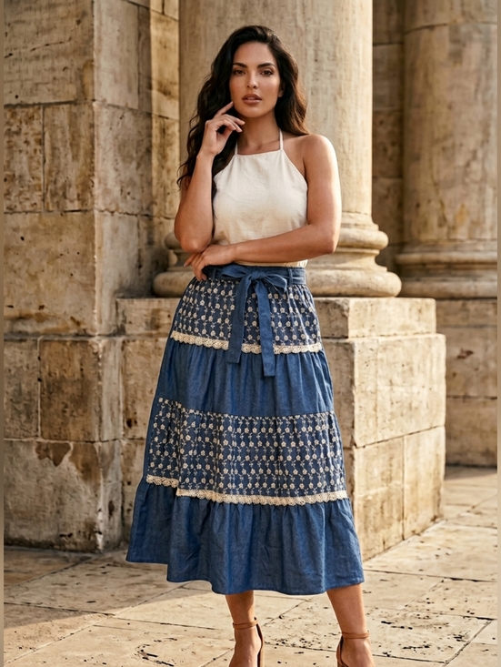 Dresses & Skirts - Alice Blue floral embroidered tiered maxi skirt Blue White L